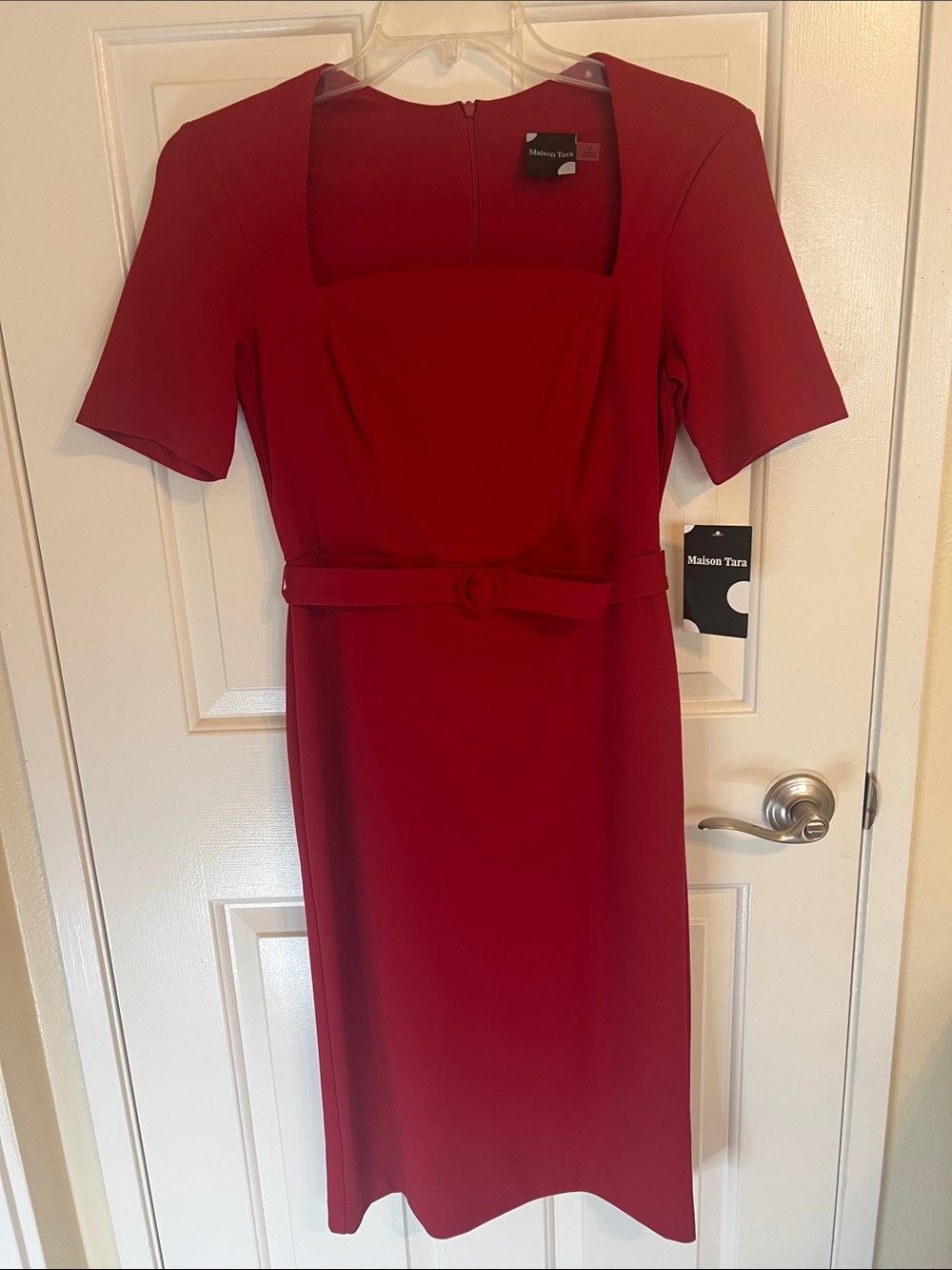 Maison Tara Crimson Square-Neck Midi Dress